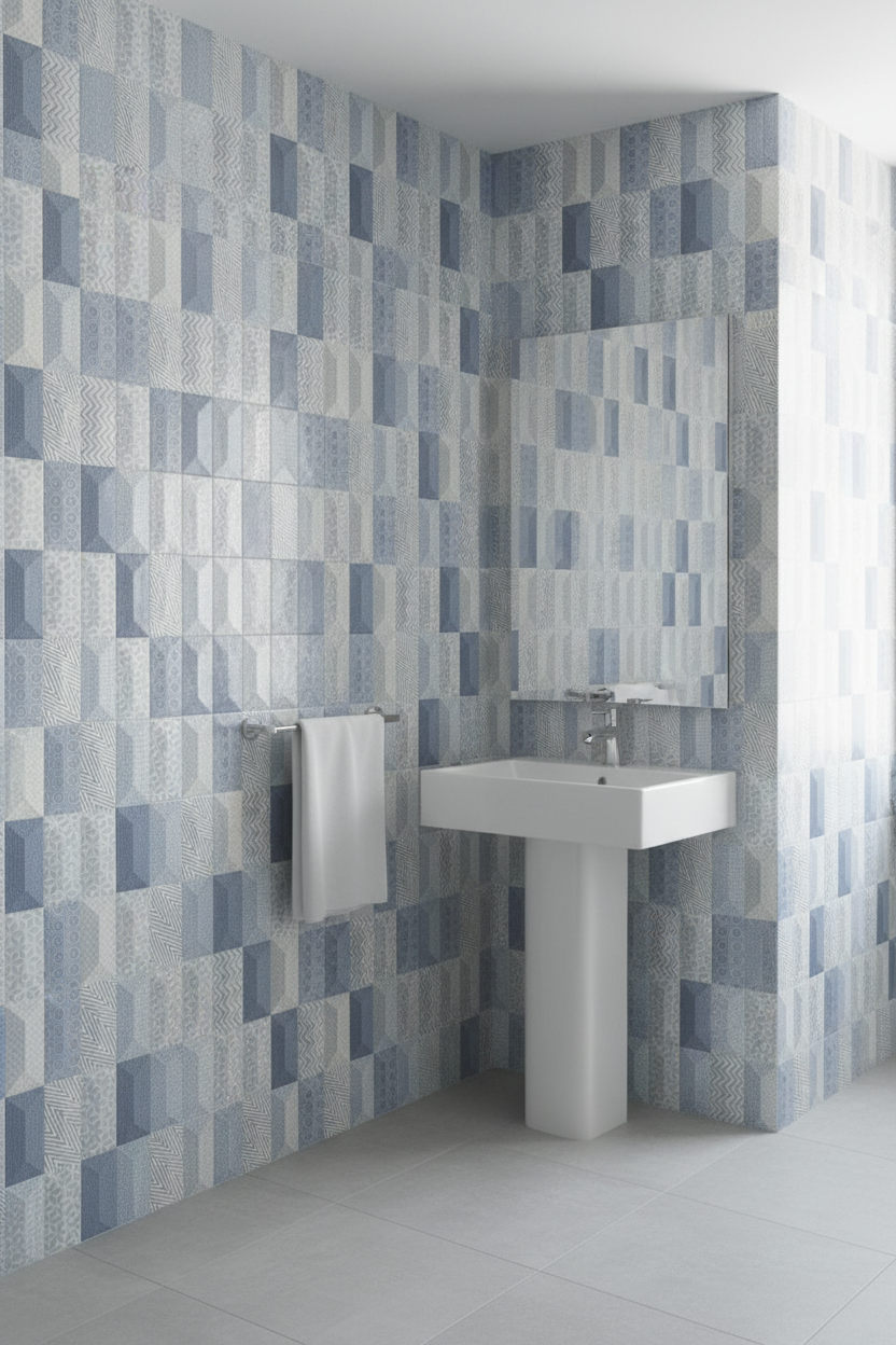 Blue and white geometric pattern 25x40cm wall tile (per box)