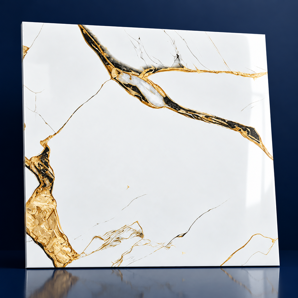 White and Gold polished 60x60cm floor tile