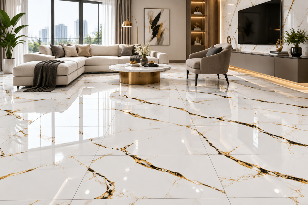 White and Gold polished 60x60cm floor tile