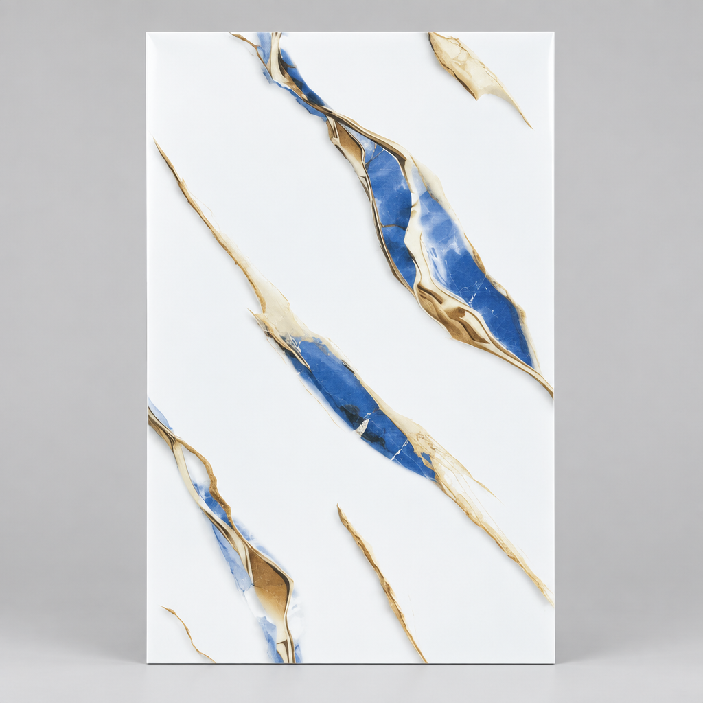 White, Blue & Gold Marble-Effect 25x40cm wall Tile