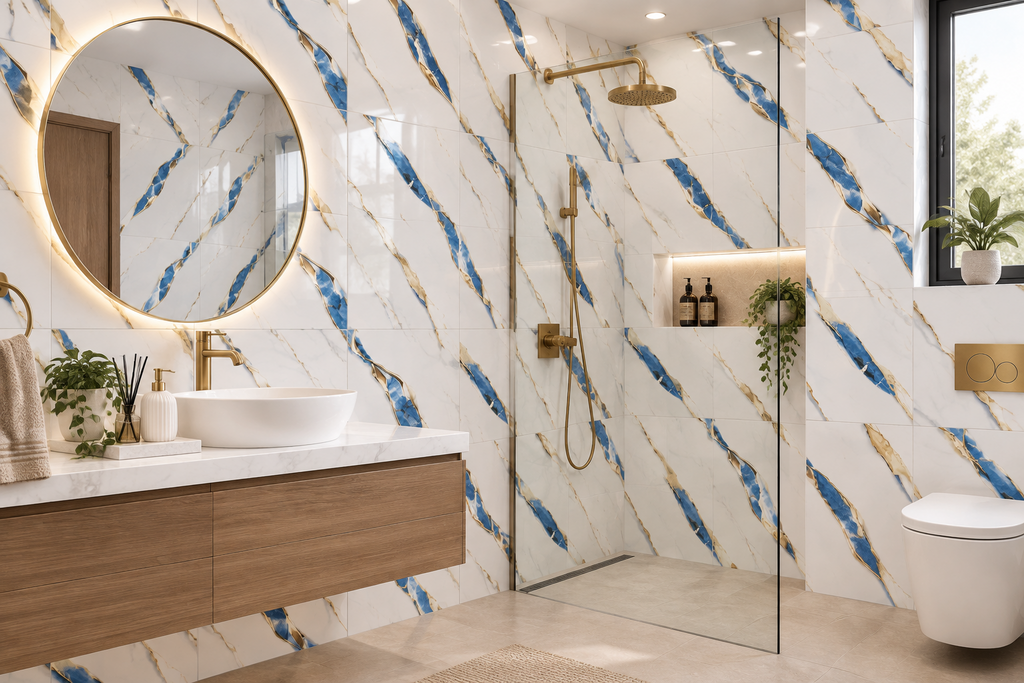White, Blue & Gold Marble-Effect 25x40cm wall Tile