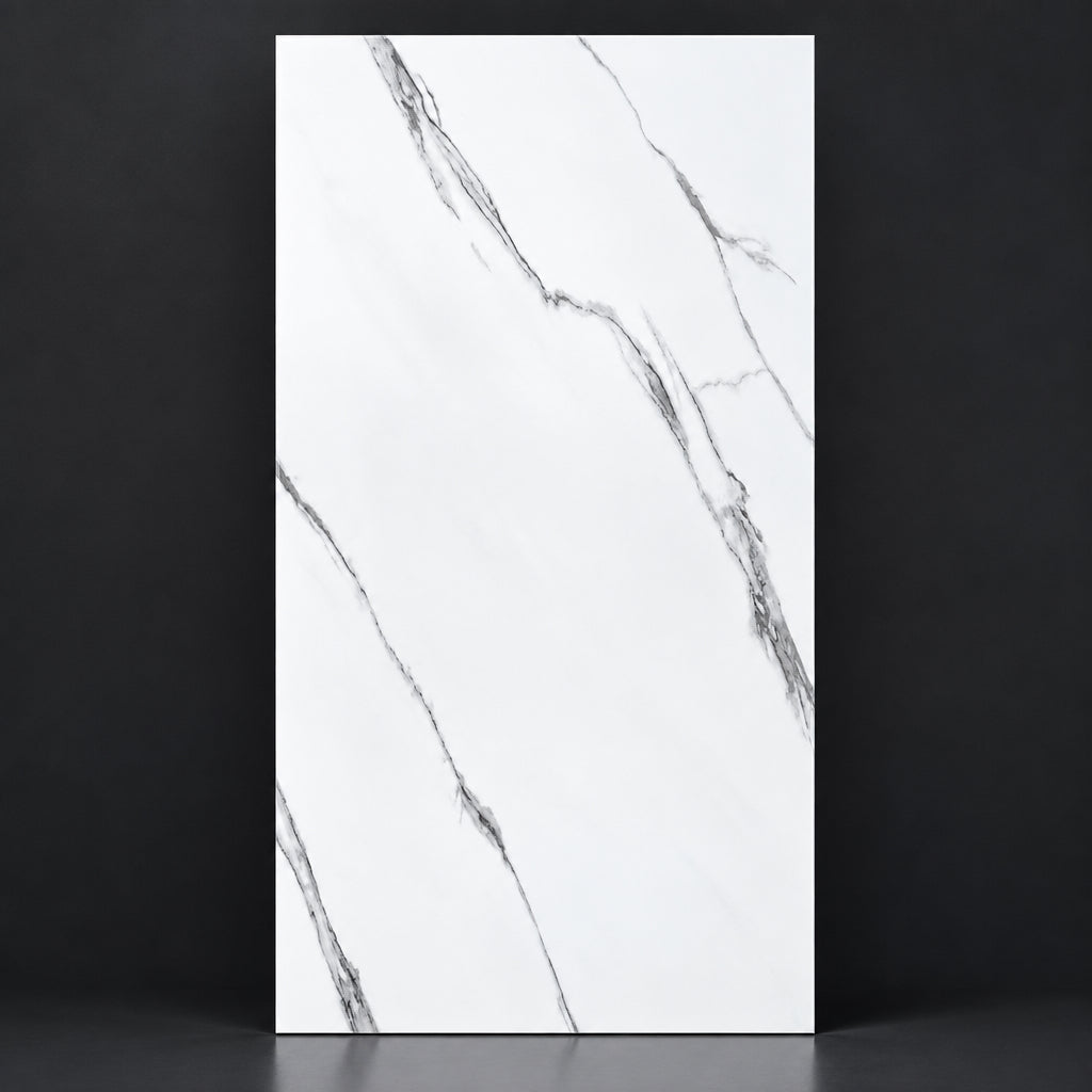 A rectangular white porcelain or ceramic tile with a light gray marble vein pattern, displayed flat against a neutral gray background. The black text '360001' is printed in the top-left corner.