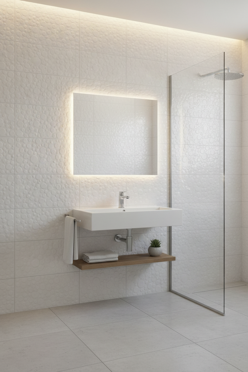 White textured panel featuring an embossed pattern of overlapping circles 25x40cm wall tiles