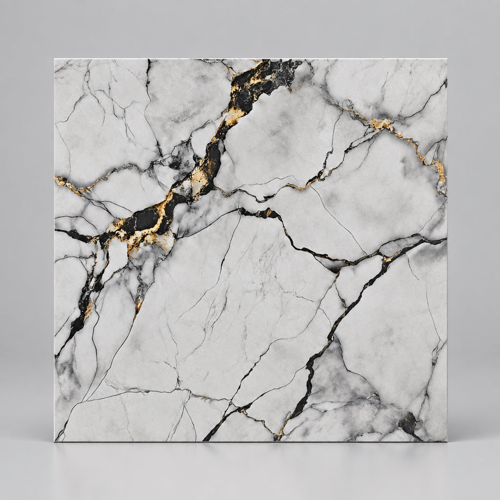 A square marble-look tile or slab with a white base and dramatic black veining, accented by metallic gold veining. The number '490010' is printed in orange at the top.