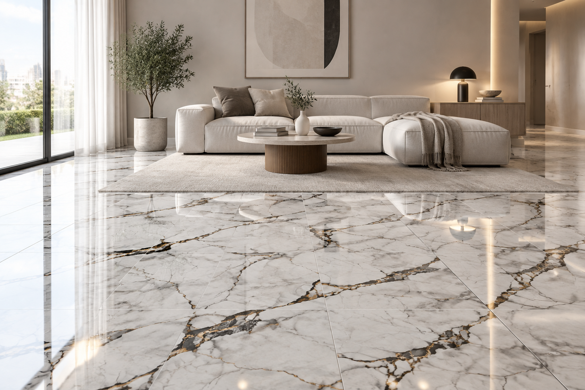A square marble-look tile or slab with a white base and dramatic black veining, accented by metallic gold veining. The number '490010' is printed in orange at the top.