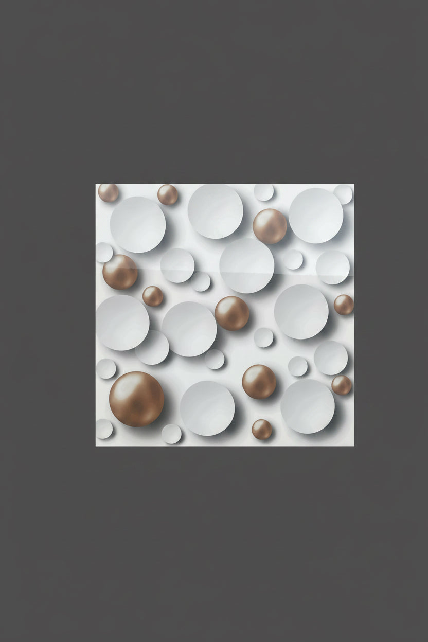 A square sample of decorative wall tile or wallpaper featuring a 3D-effect pattern of white and metallic bronze spheres on a light background, centered on a solid dark gray backdrop.