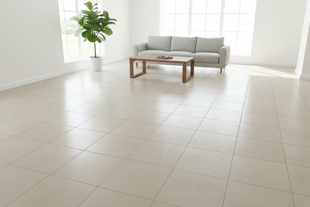 Light beige square ceramic floor tiles in a bright, modern living room setting with a gray sofa, wooden coffee table, and a potted plant.