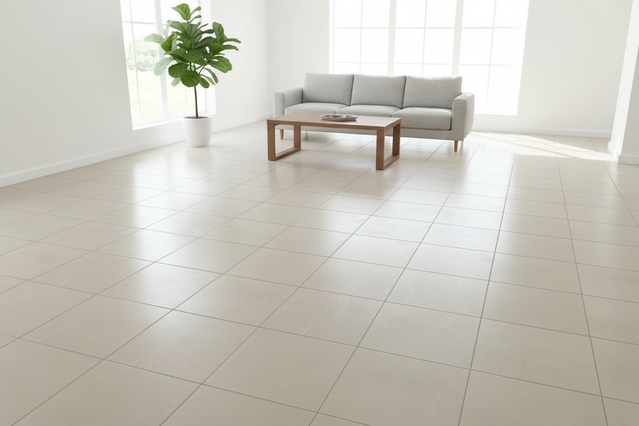 Light beige square ceramic floor tiles in a bright, modern living room setting with a gray sofa, wooden coffee table, and a potted plant.