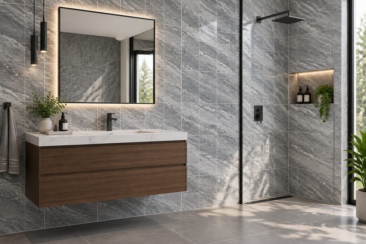 Grey & White Marble-Effect 25x40cm wall Tile (per box)