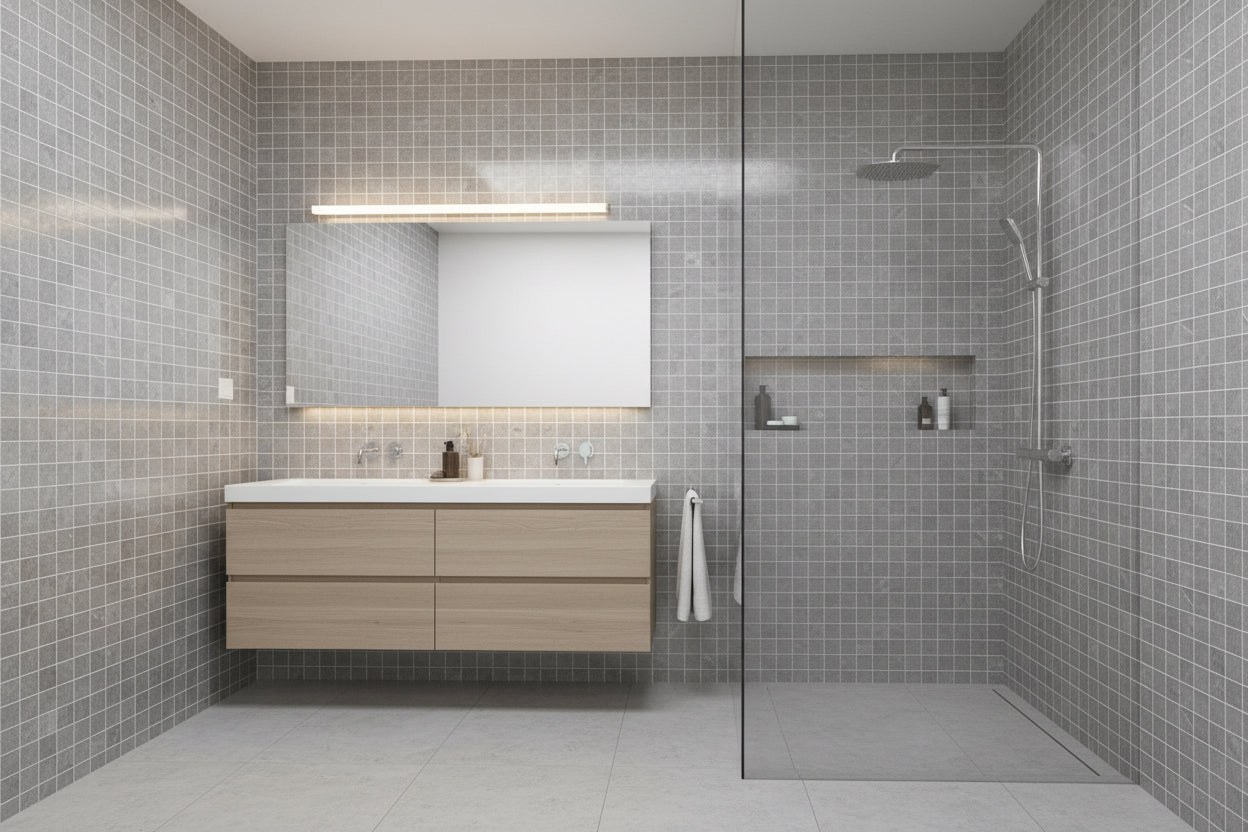Gray mosaic tiles placed in the center. A white sheet and a rock are partially visible at the edges.