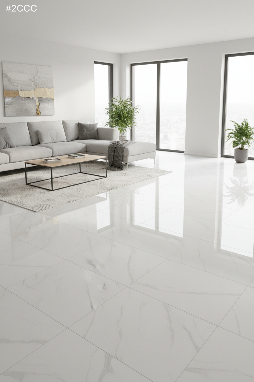 White porcelain premium tile with light gray marble-style veining 60x120cm polished