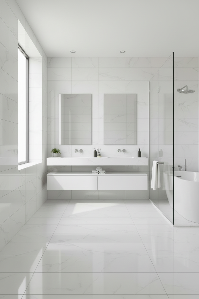 White porcelain premium tile with light gray marble-style veining 60x120cm polished