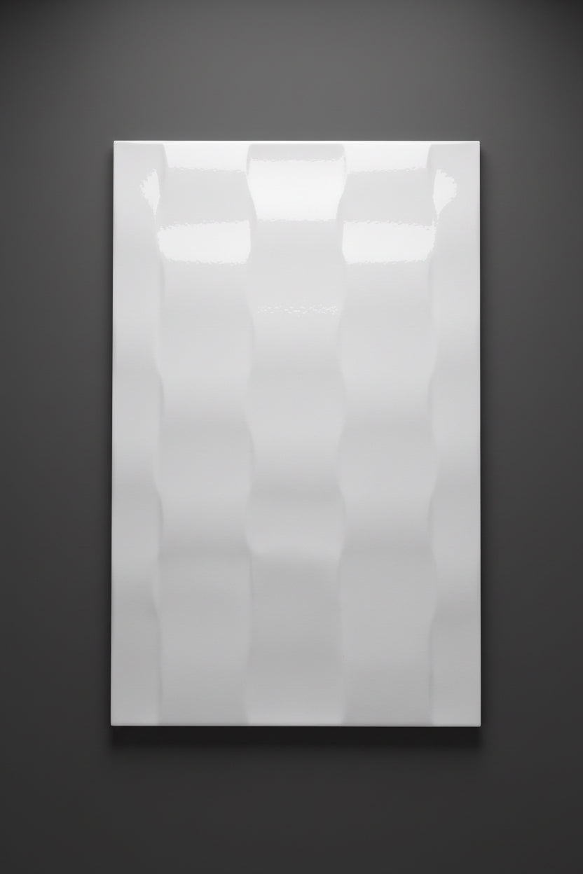 A white rectangular panel with a wavy embossed pattern, held or placed on top of cardboard boxes in a warehouse-like setting. A person's legs and feet are visible at the bottom edge.