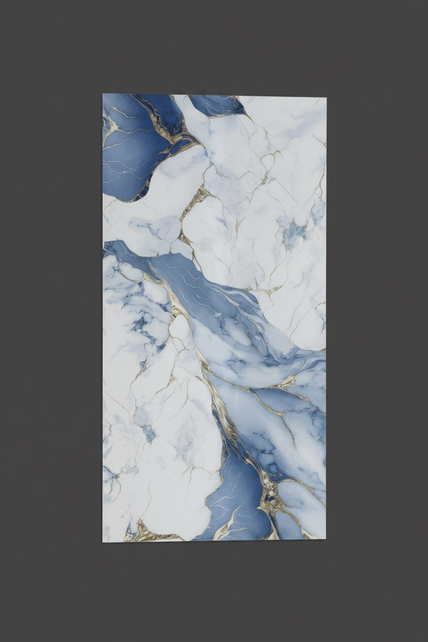 A rectangular panel featuring a blue, white, and gold marble pattern, centered on a solid dark gray background.