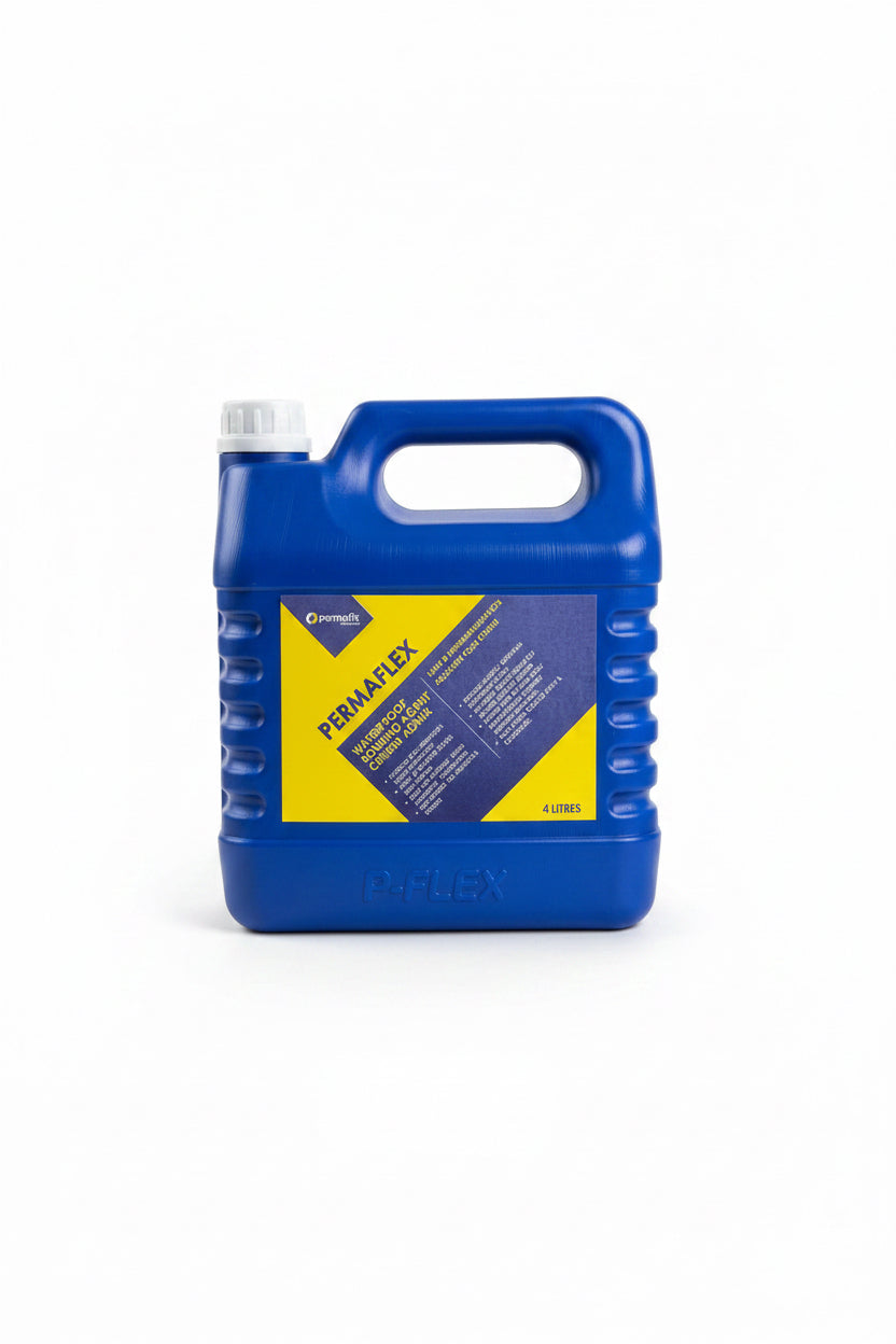 A blue plastic bottle of PermaFlex sealant with a yellow and blue label, sitting on top of two blue product boxes inside what appears to be a store or workshop.
