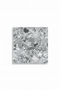 A square sample of gray and white terrazzo with black and light gray flecks, shown against a plain white background with a soft drop shadow.