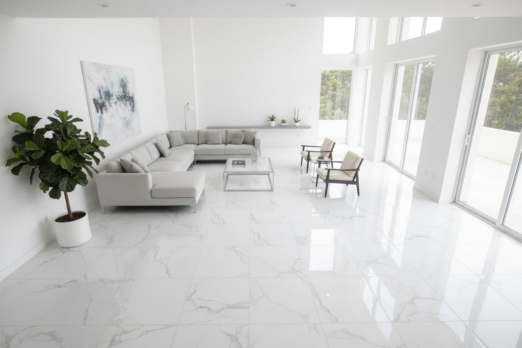 White marble-patterned floor polished tile 60x60cm