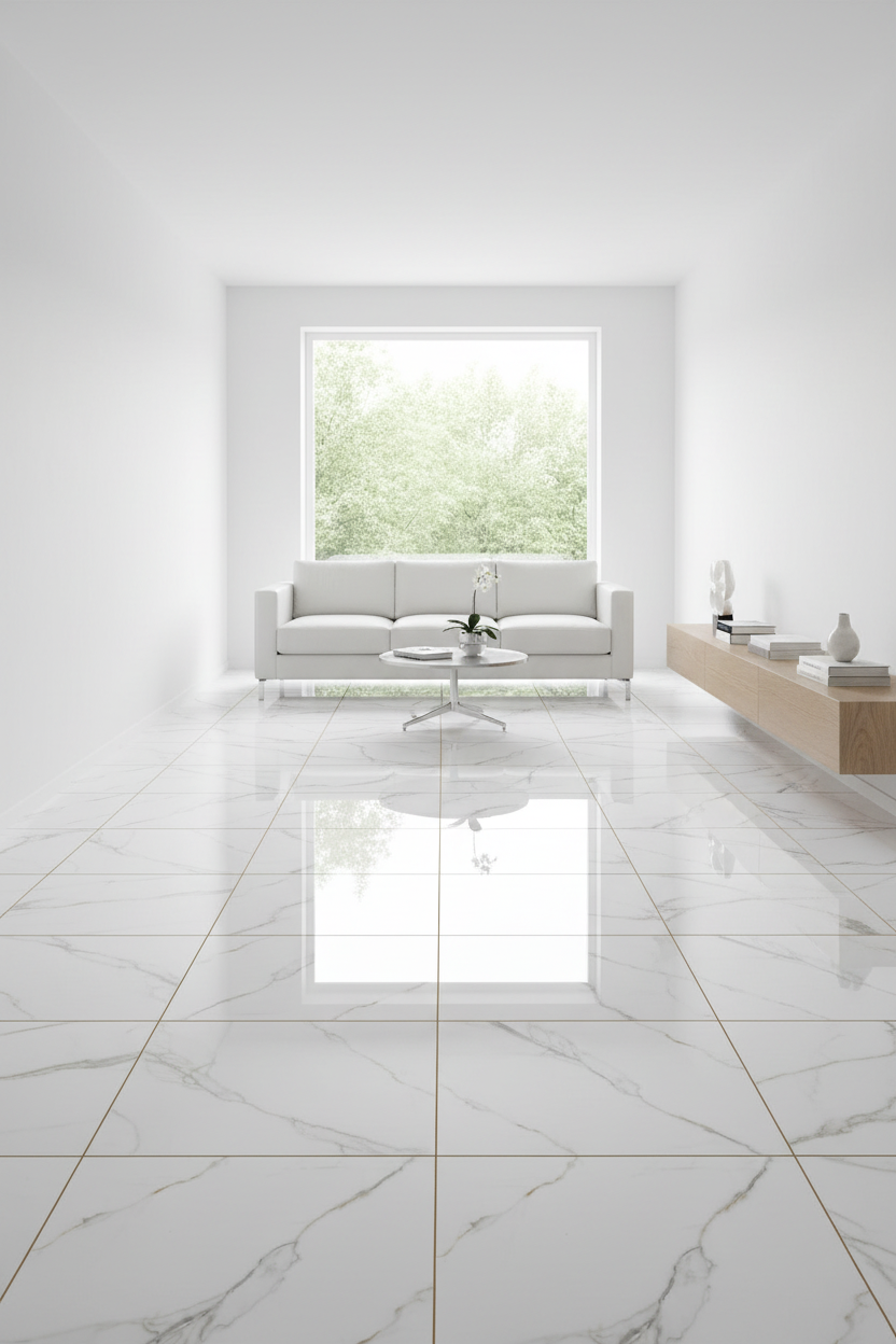 White marble-patterned POLISHED 40x40cm floor tile (per box)
