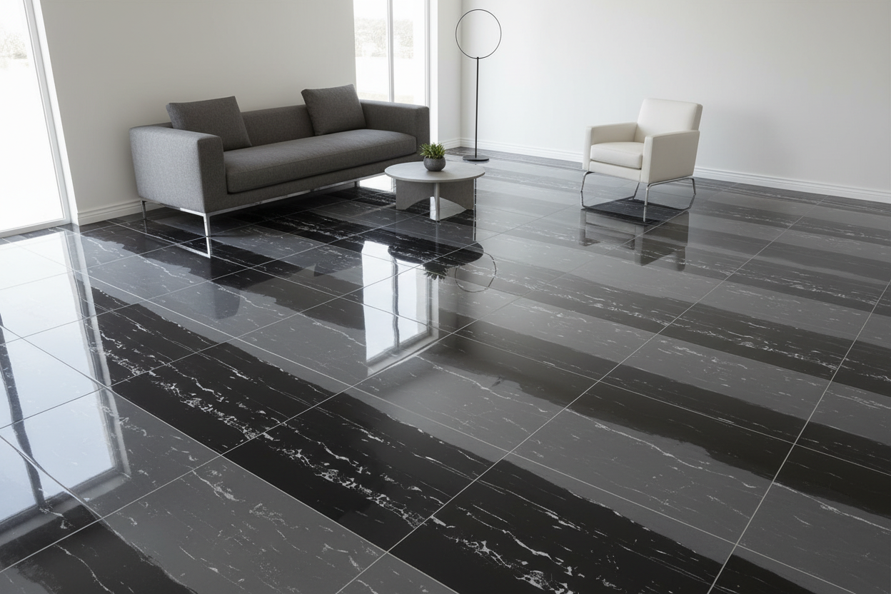 Large-format glossy black marble-look floor tiles with white veining, shown installed in a modern living room with a gray sofa, white armchair, and small coffee table.