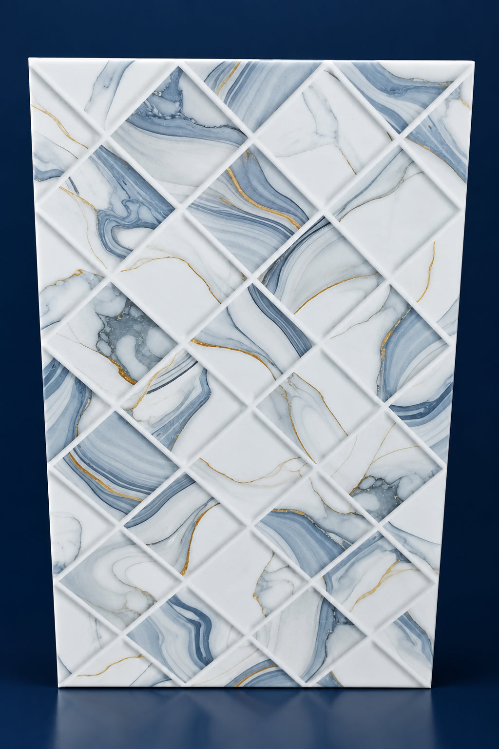 A rectangular decorative tile or panel with a white base and a raised diamond grid pattern, featuring blue-gray marble veining with thin gold accents. The panel is photographed against a brown cardboard backing with an orange number '250044' printed at the top.