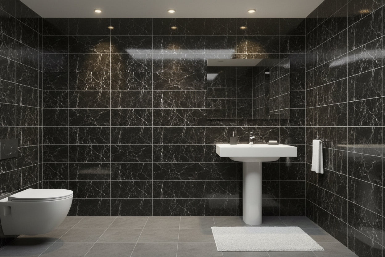 A rectangular black marble-look tile with white veining