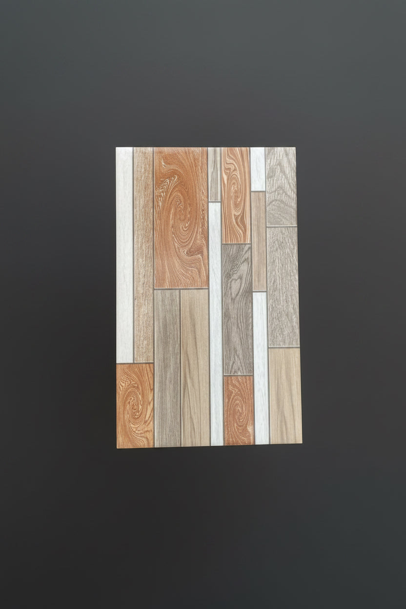 A rectangular sample board featuring multiple faux wood-look and stone-look tile patterns in beige, brown, gray, and white tones, held by a person over a dirt ground.