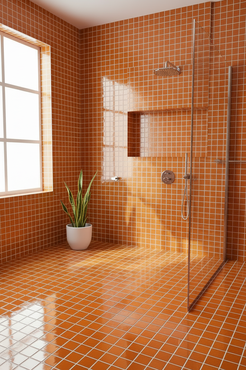 Glossy tiles in a warm terracotta orange color 25x40cm tiles