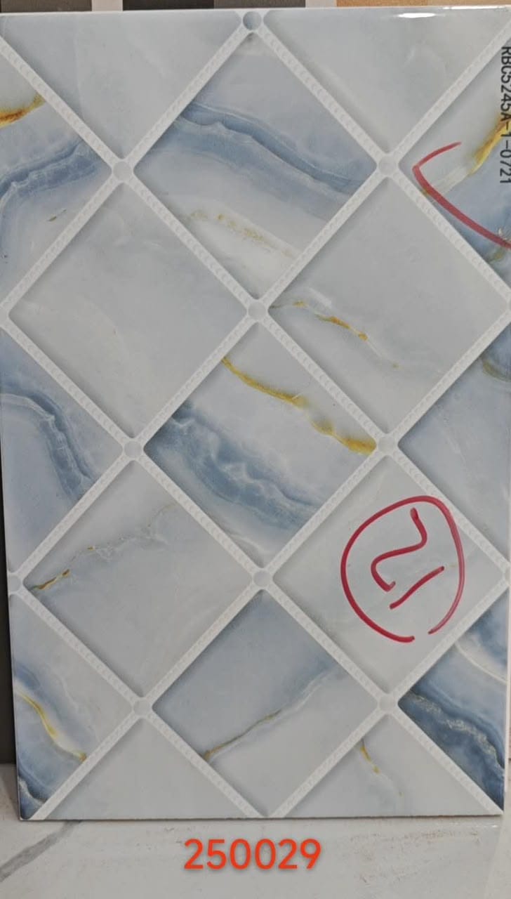soft sky-blue marble look with white geometric grid 25x40cm wall tile (per box)