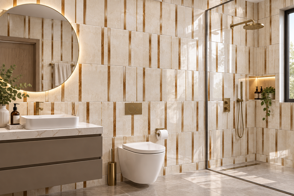 White & Gold Linear Stripe 25x40cm wall Tile