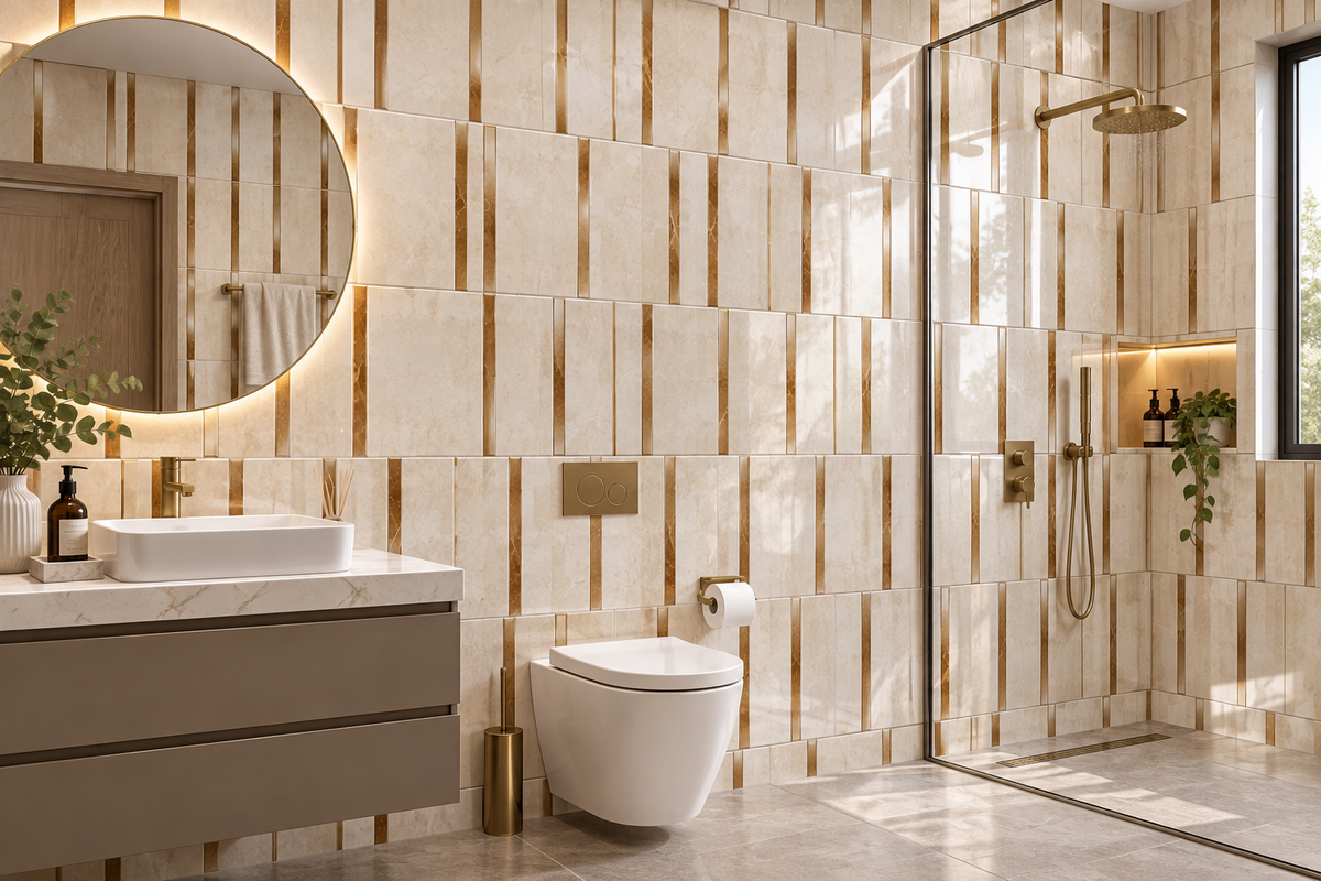 White & Gold Linear Stripe 25x40cm wall Tile