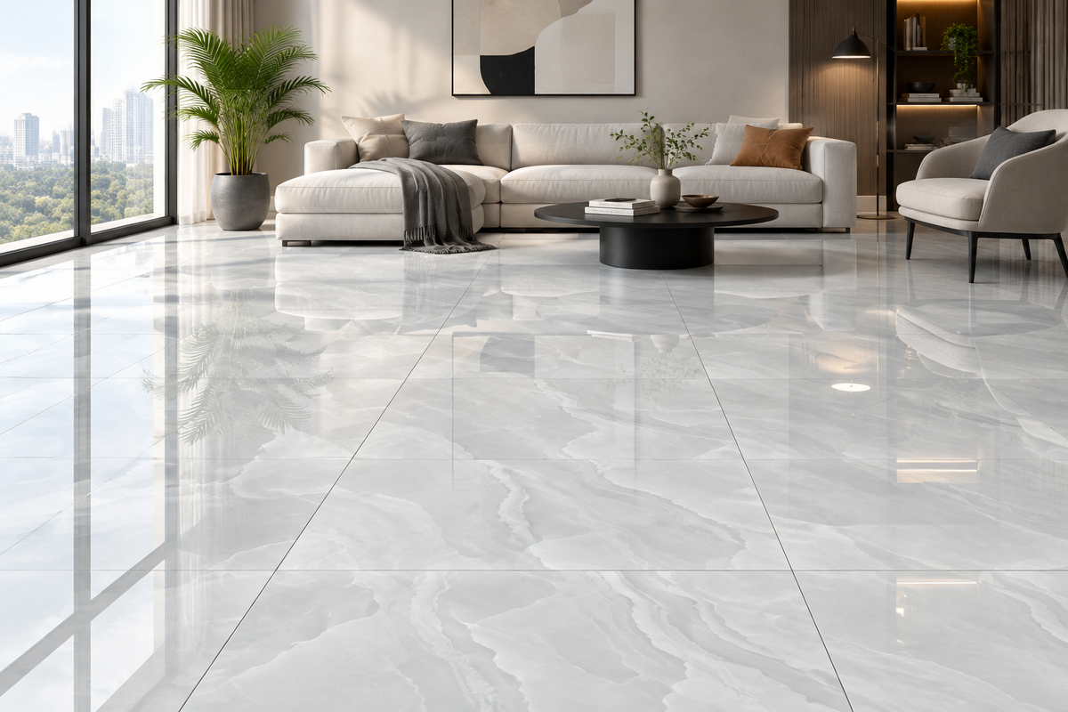 White wavy 60x60cm polished floor tile (per box)