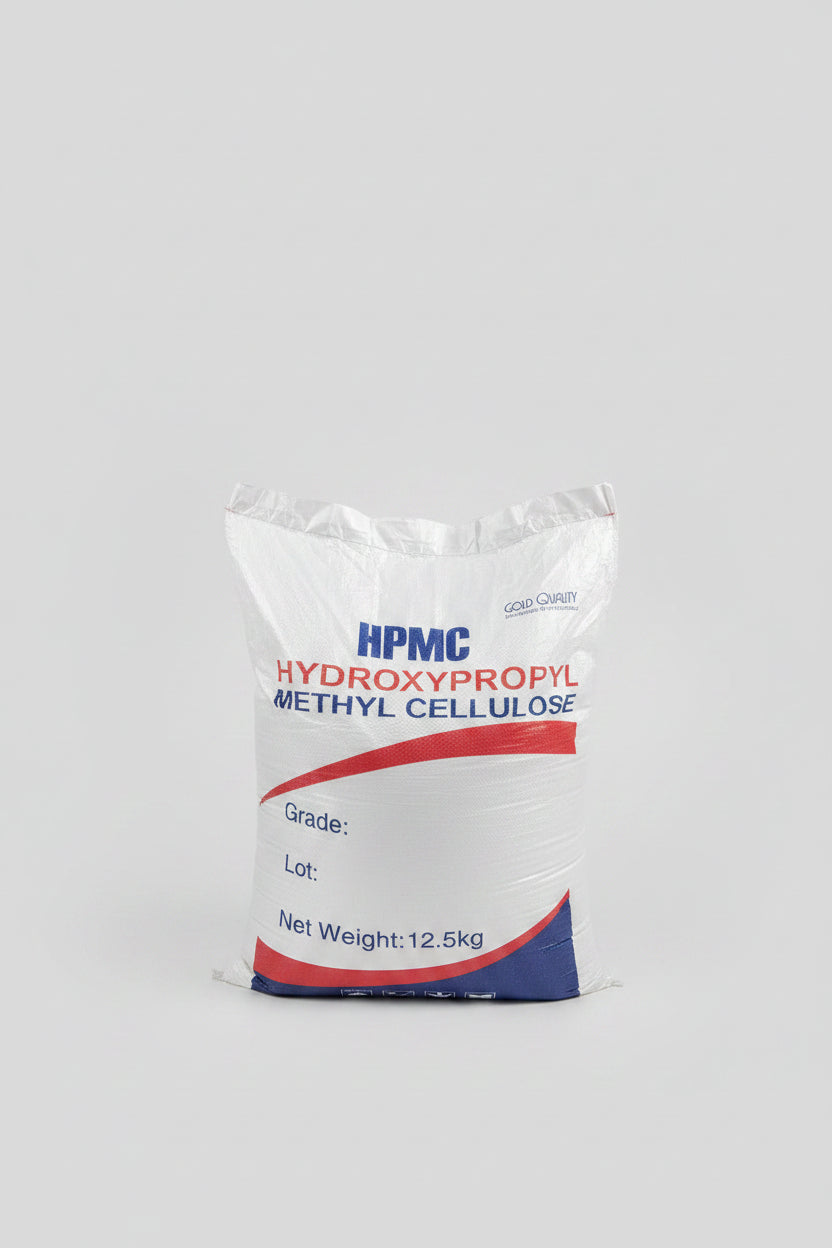 A 12.5 kg white plastic bag of HPMC Hydroxypropyl Methyl Cellulose, displayed on a tiled floor next to a yellow cart.